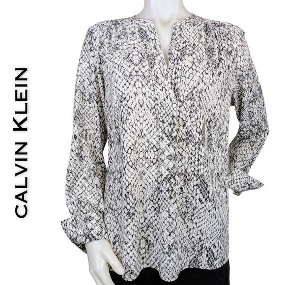 Calvin Klein Blouse Top Large White Black Snakeskin Print Flowy Career High Low - Picture 1 of 12
